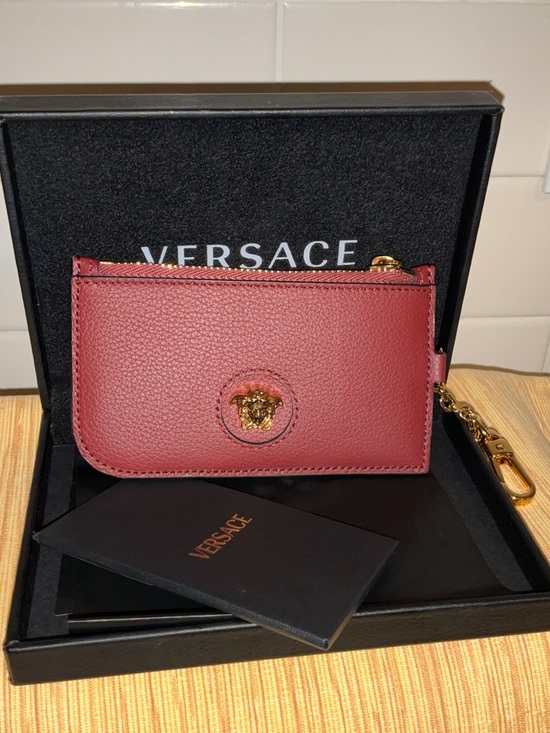 Versace Burgundy Leather Card & Key Pouch with Gold Medusa Charm - Picture 5 of 9